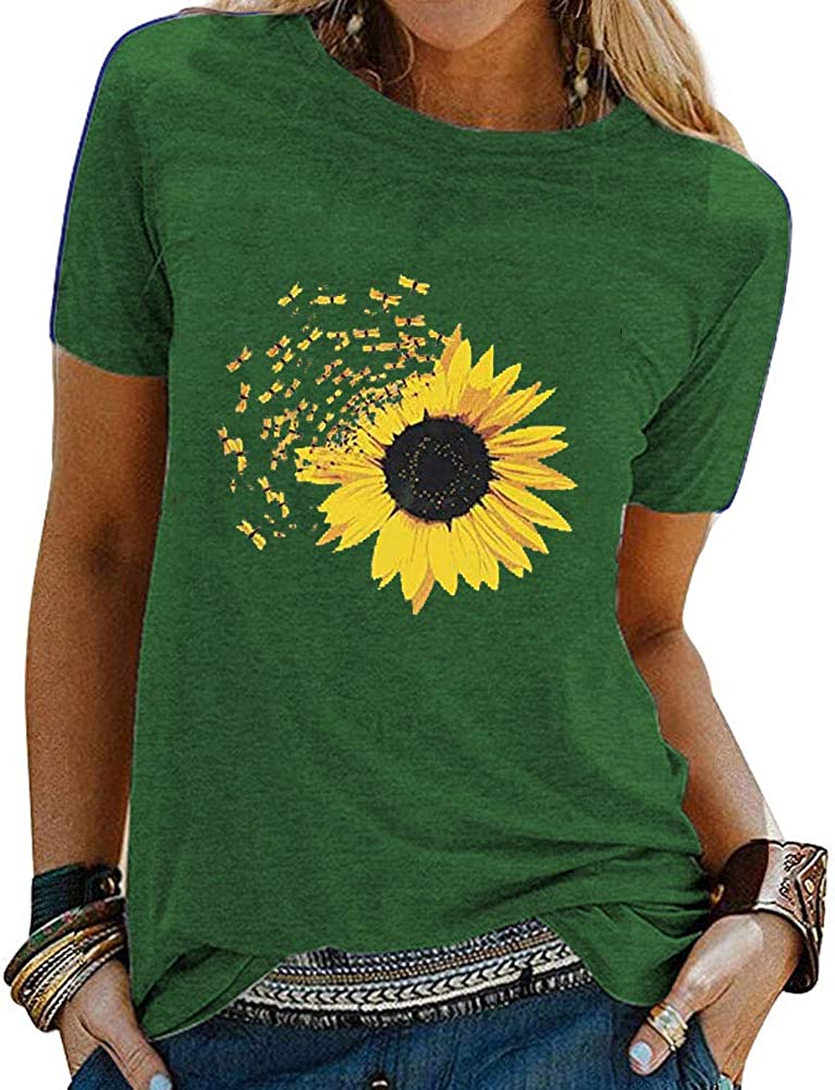Women Sunflower T-Shirt Dragonfly Graphic Shirt