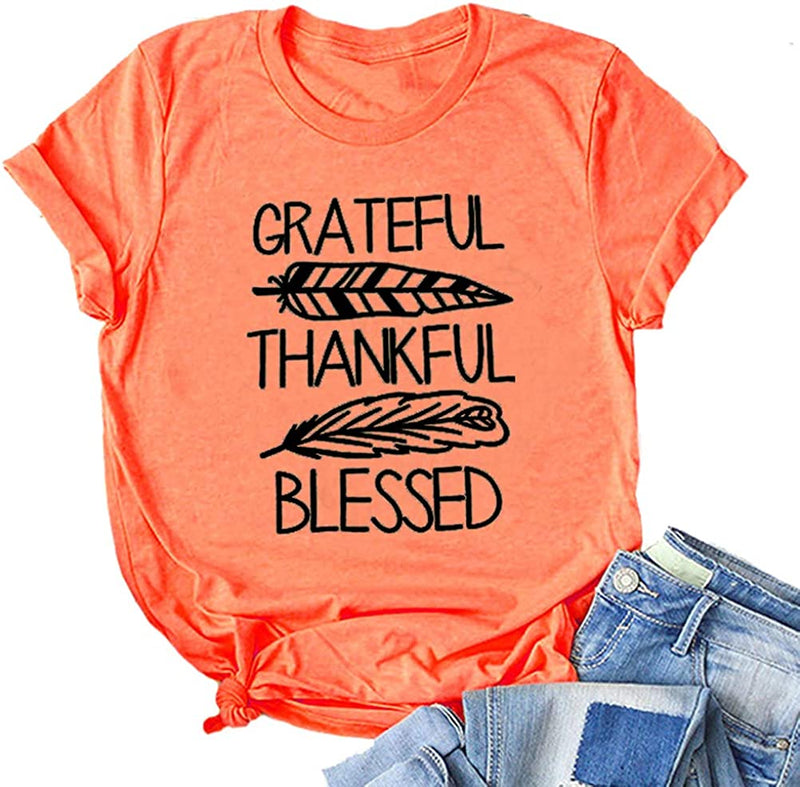 Women Thankful Grateful Blessed T-Shirt Thanksgiving Shirt