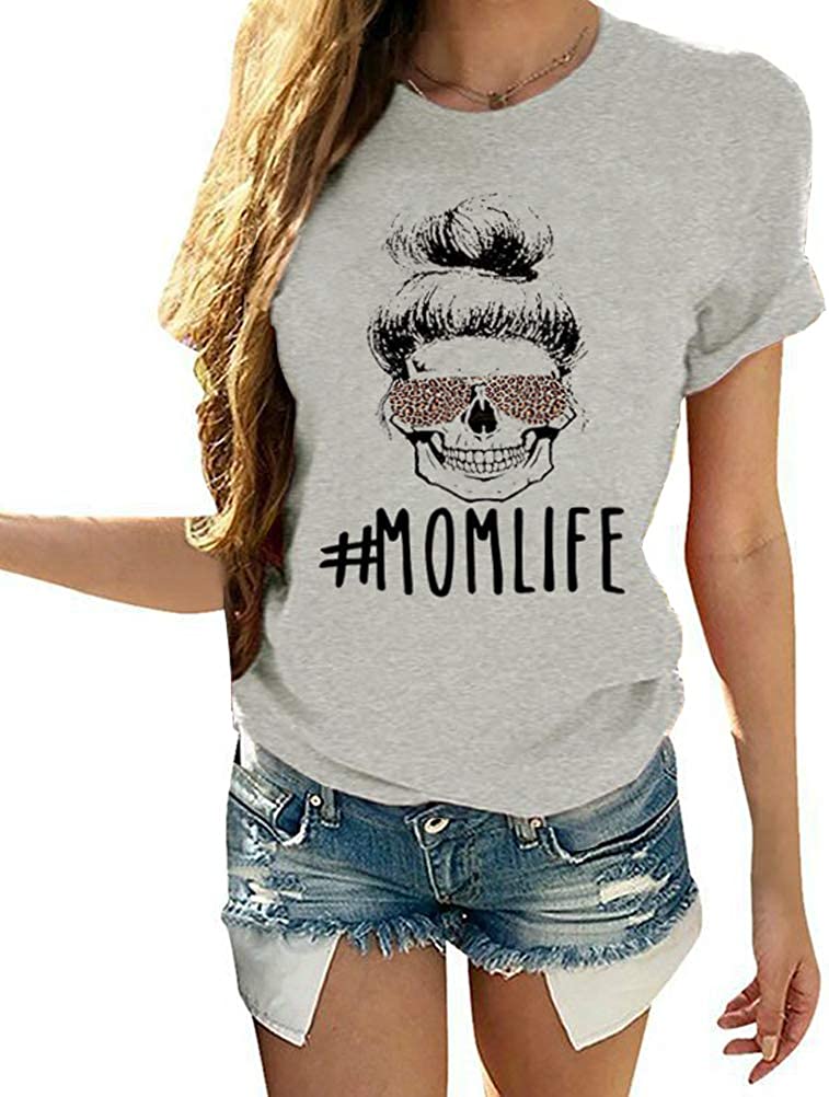 Women Mom Life T-Shirt Leopard Skull Mom Shirt
