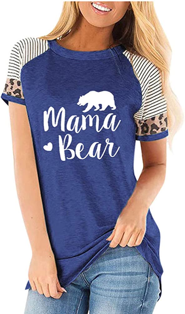 Women Short Leopard & Stripe Sleeve Mama Bear T-Shirt