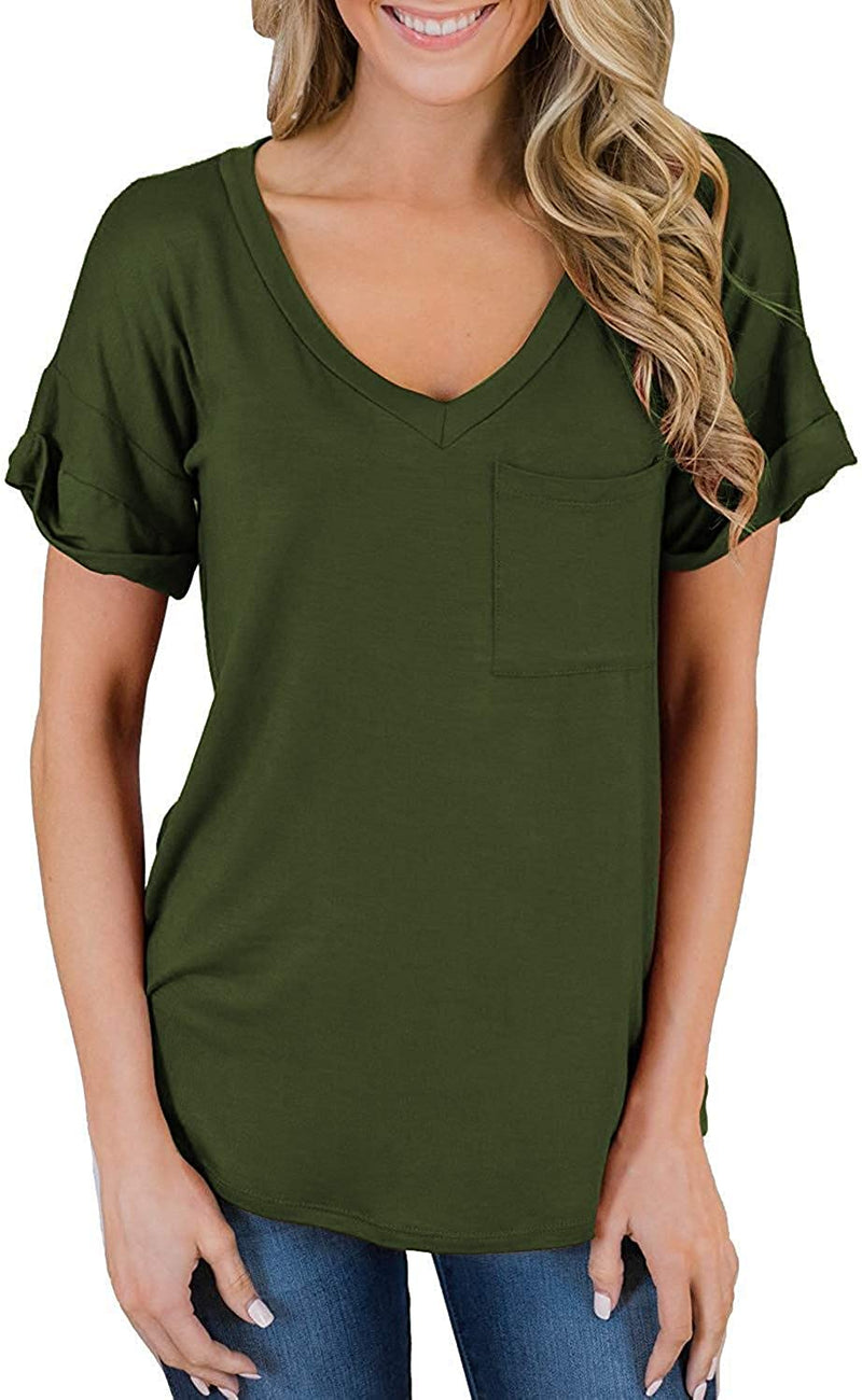 Women Fashion V Neck Tunic Shirt Basic T-Shirt with Pocket