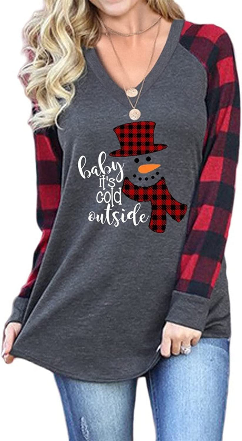 Women Plaid Christmas Snowman V-Neck Long Sleeve Shirt Baby It's Cold Outside Blouse