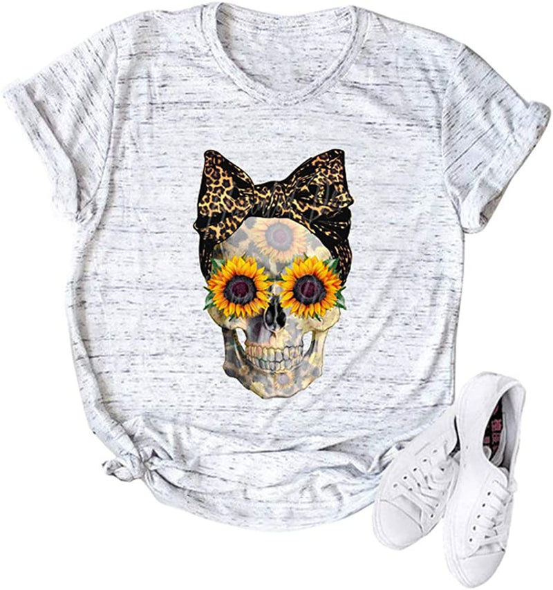 Women Sunflower Skull Leopard Skull T-Shirt