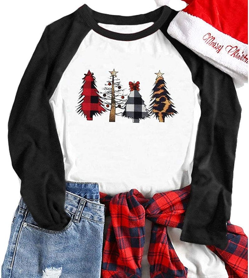 Women 3/4 Sleeve Merry Christmas Blouse Christmas Tree Raglan Shirt