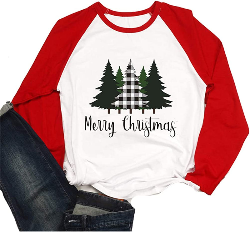 Women Merry Christmas Long Sleeve Blouse Christmas Tree Raglan Shirt