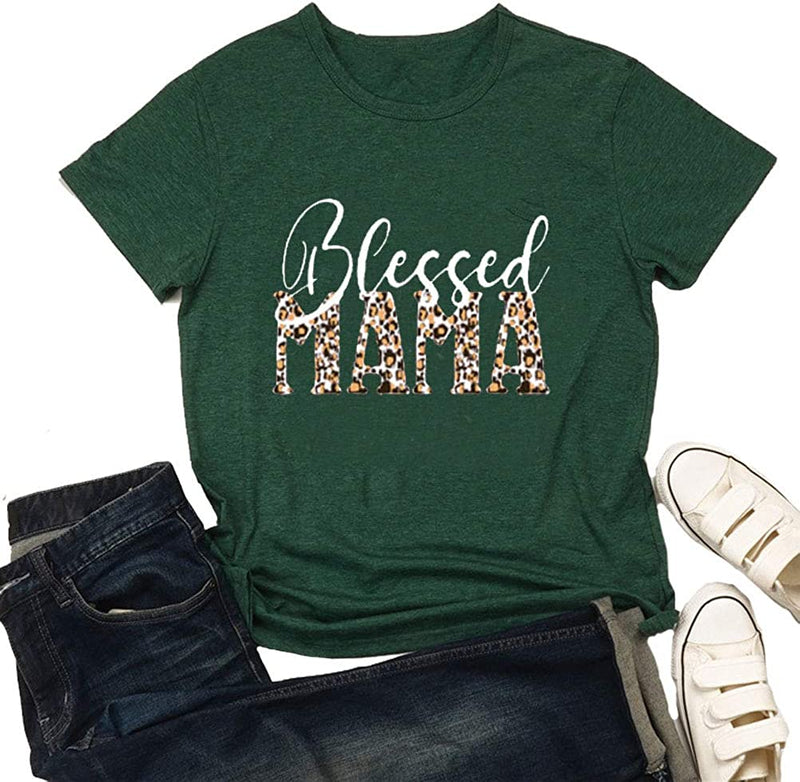 Women Leopard Blessed Mama T-Shirt Mama Shirt Gift for Mom