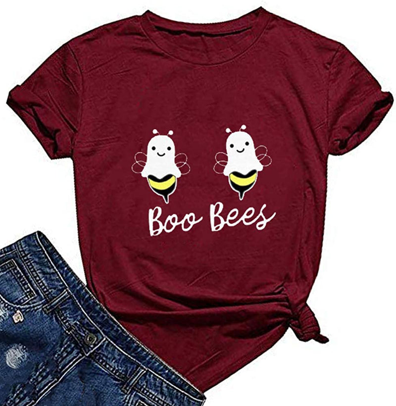 Women Boo Bees T-Shirt Halloween Cartoon Pumpkin Funny Shirt