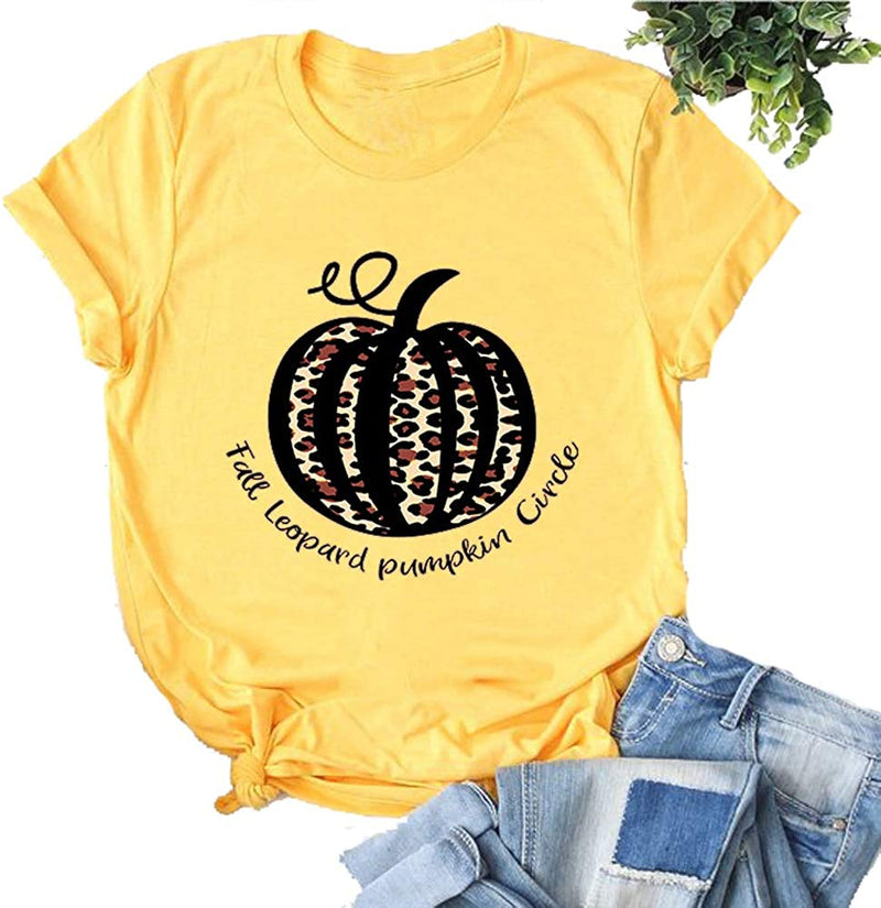 Women Fall Leopard Pumpkin Circle T-Shirt Pumpkin Shirt