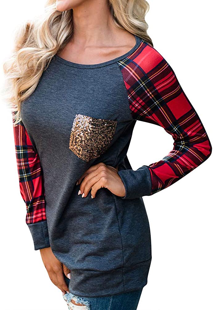 Women Long Sleeve Plaid Blosue with Sequins Pocket