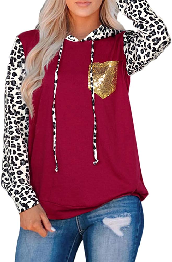 Women Long Sleeve Leopard Hoodie with Sequins Pocket