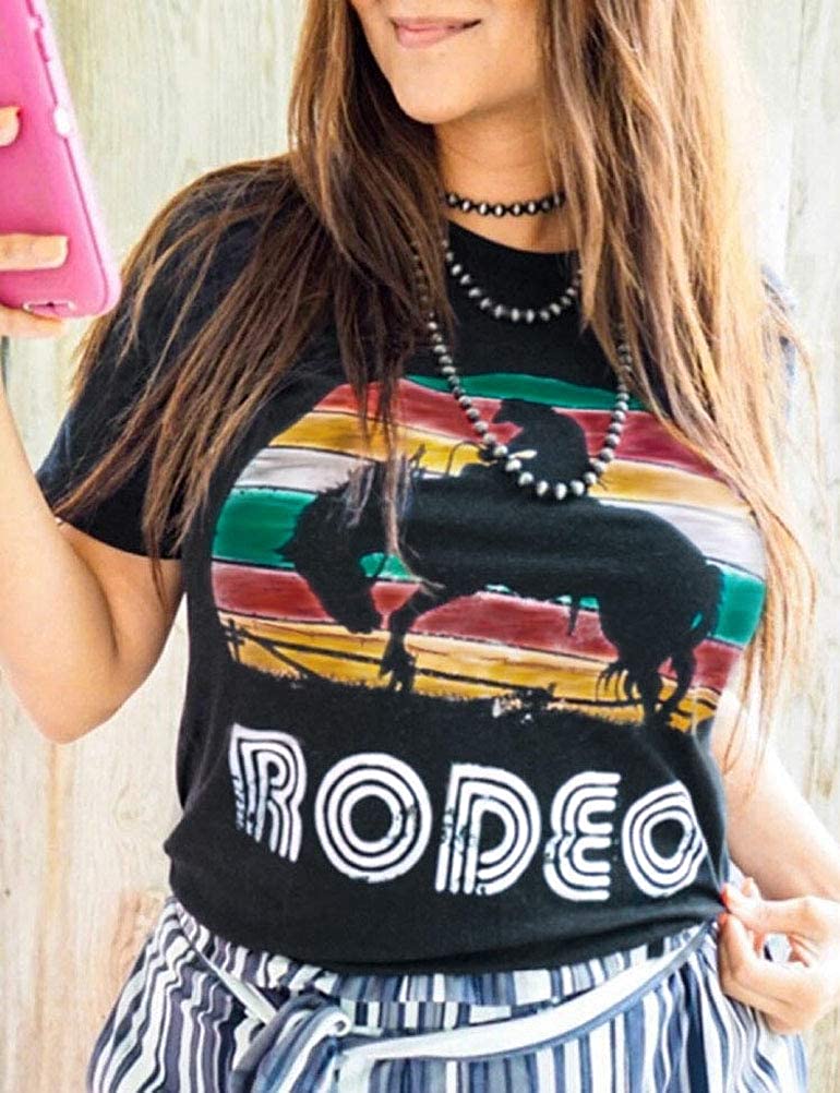 Women Rainbow Cowboy Rodeo T-Shirt Graphic Shirt