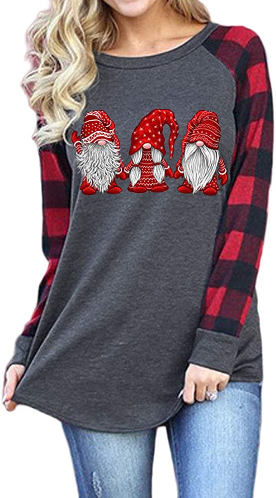 Women Fashion Long Plaid Gnomies Blouse Christmas Shirt