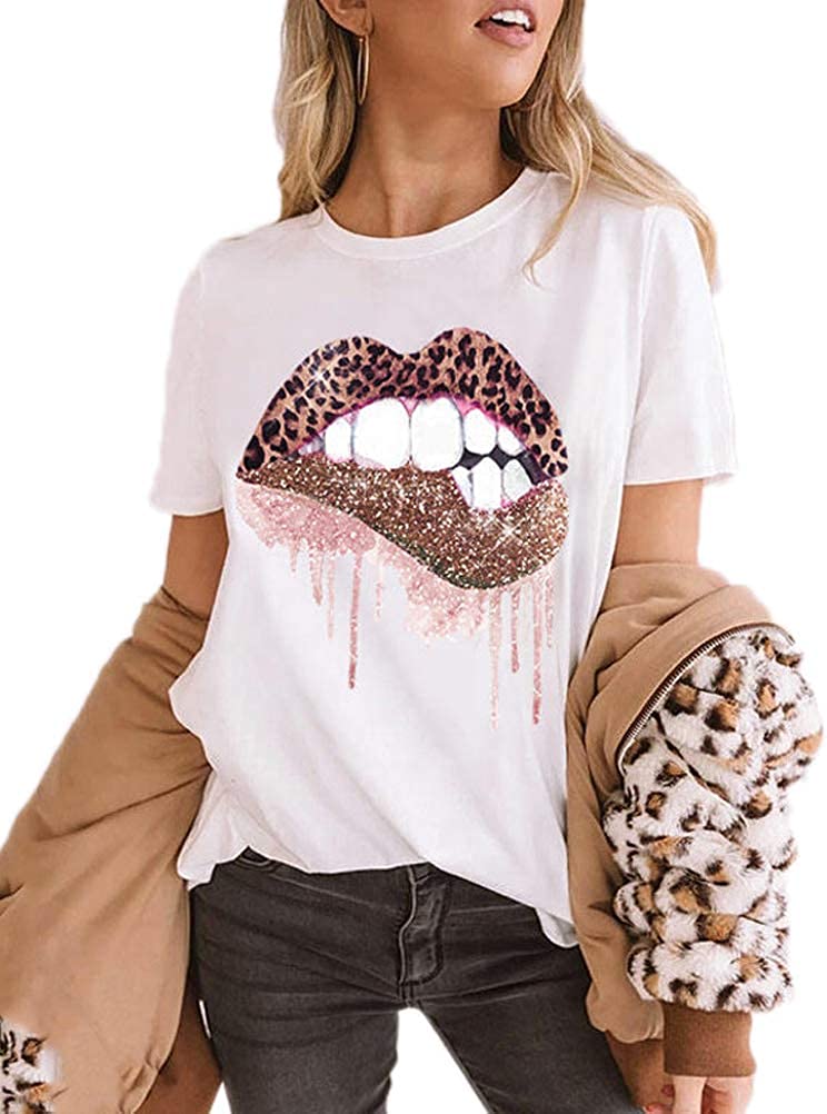 Women Leopard Lips T-Shirt Shiny Lipstick Shirt