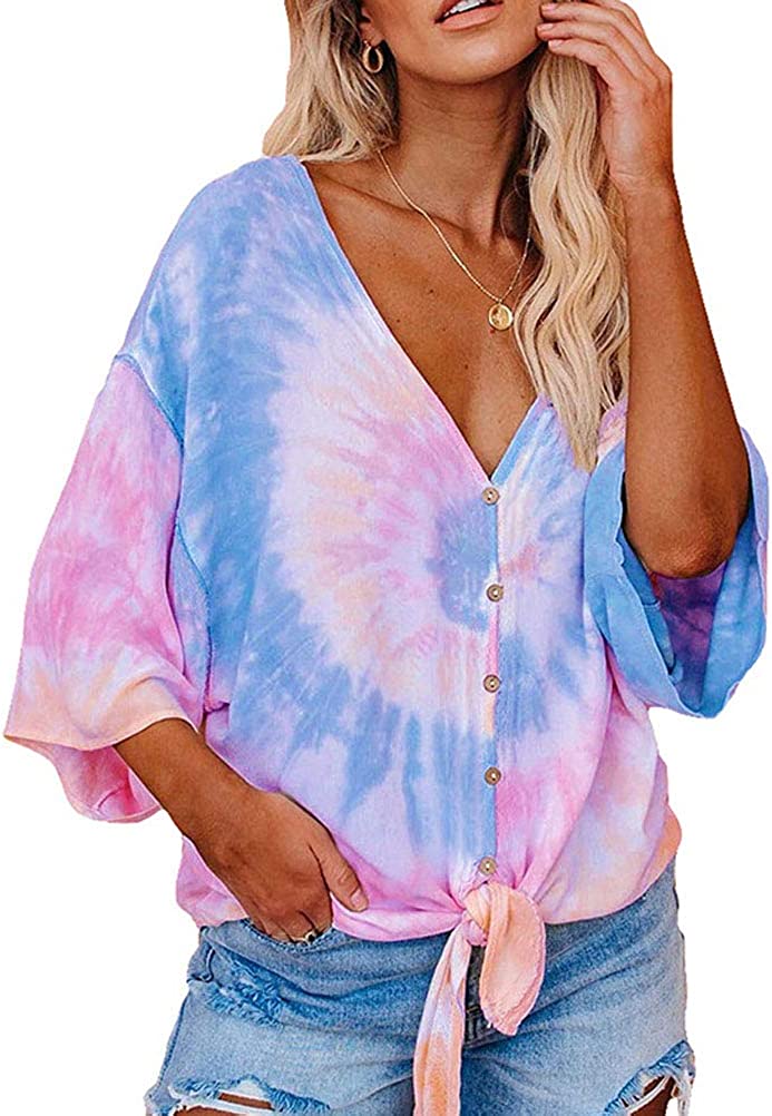 Women V Neck 3/4 Bat Sleeve Tie dye Blouse with Buttons