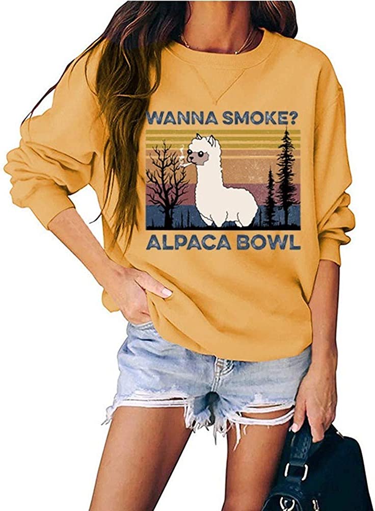 Women Wanna Smoke? Alpaca Bowl Vintage Graphic Shirt Casual Long Sleeve Sweatershirt
