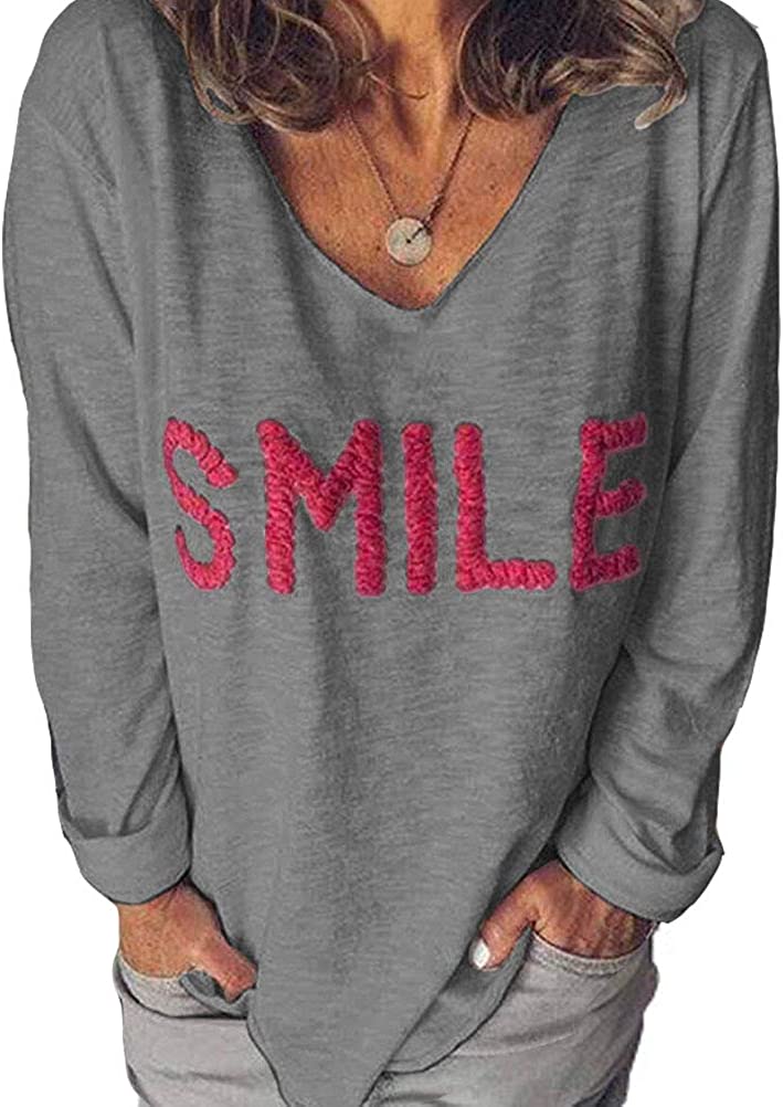 Women V Neck Smile Long Sleeve Blouse