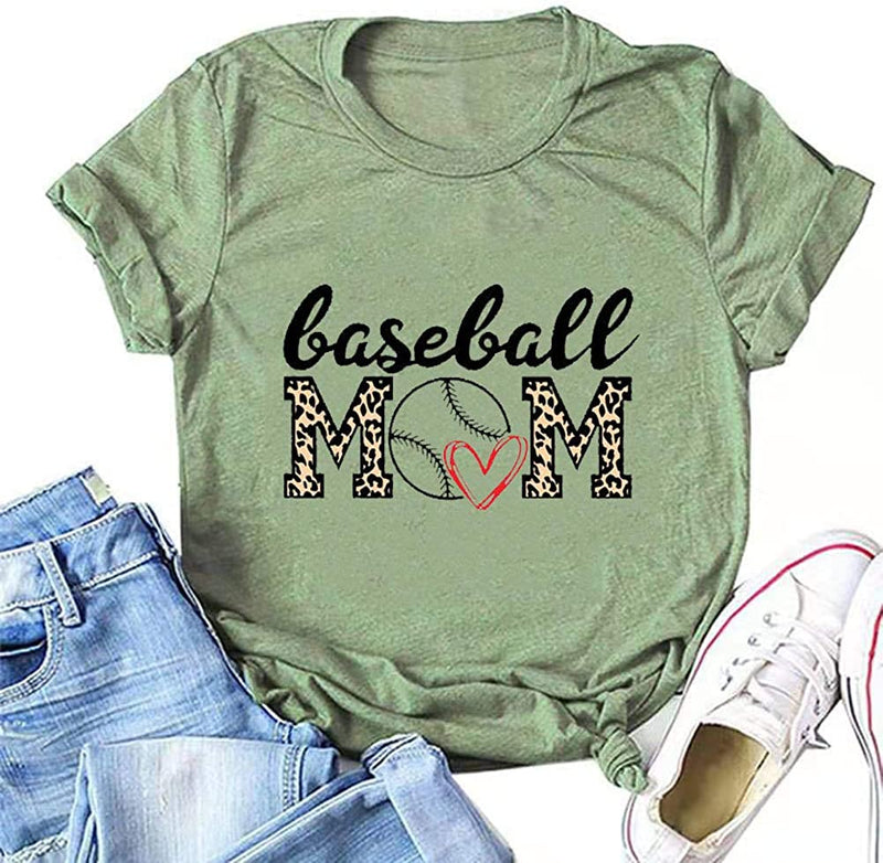 Women Baseball Mom Heart Leopard Printed T-Shirt