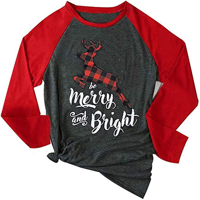 Women Merry & Bright Shirt Plaid Elk Long Sleeve Blouse