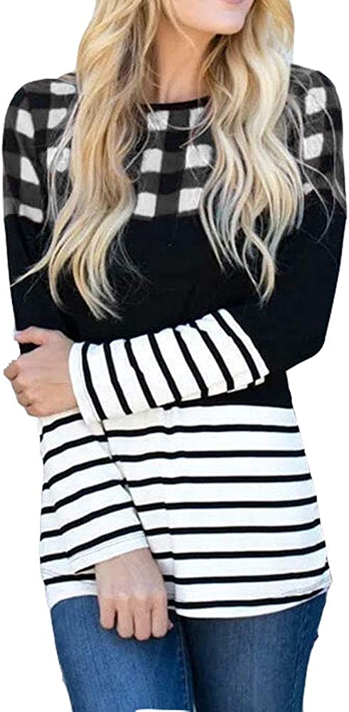Women Long Sleeve Stripe & Buffalo Plaid Tunic Shirt