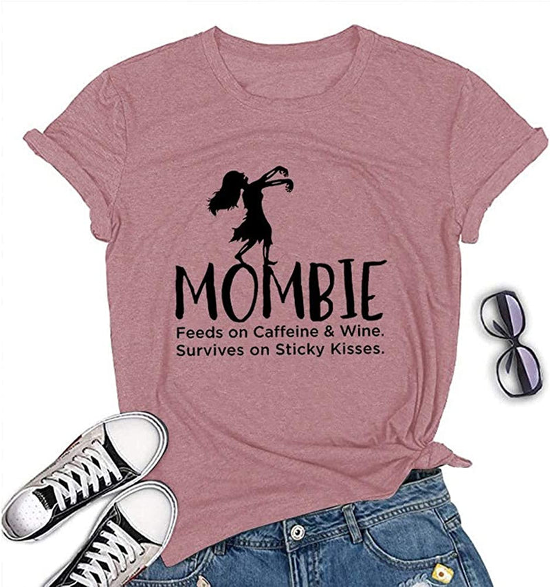 Women Mombie Feeds on Caffeine and Wine Shirt Round Neck Short Sleeve T-Shirt (Red,Large)