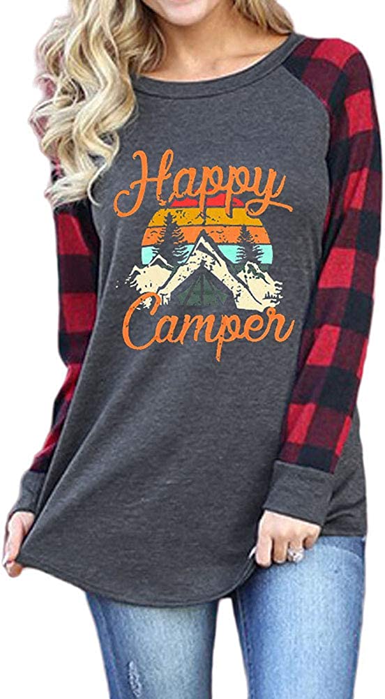 Women Happy Camper Long Plaid Sleeve Blouse Tunic Shirt