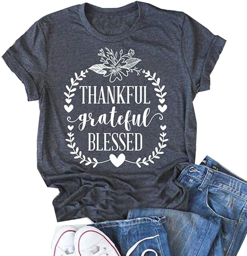 Women Thankful Grateful Blessed T-Shirt Thanksgiving Shirt