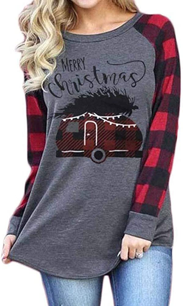 Women Long Plaid Sleeve Merry Christmas Blouse