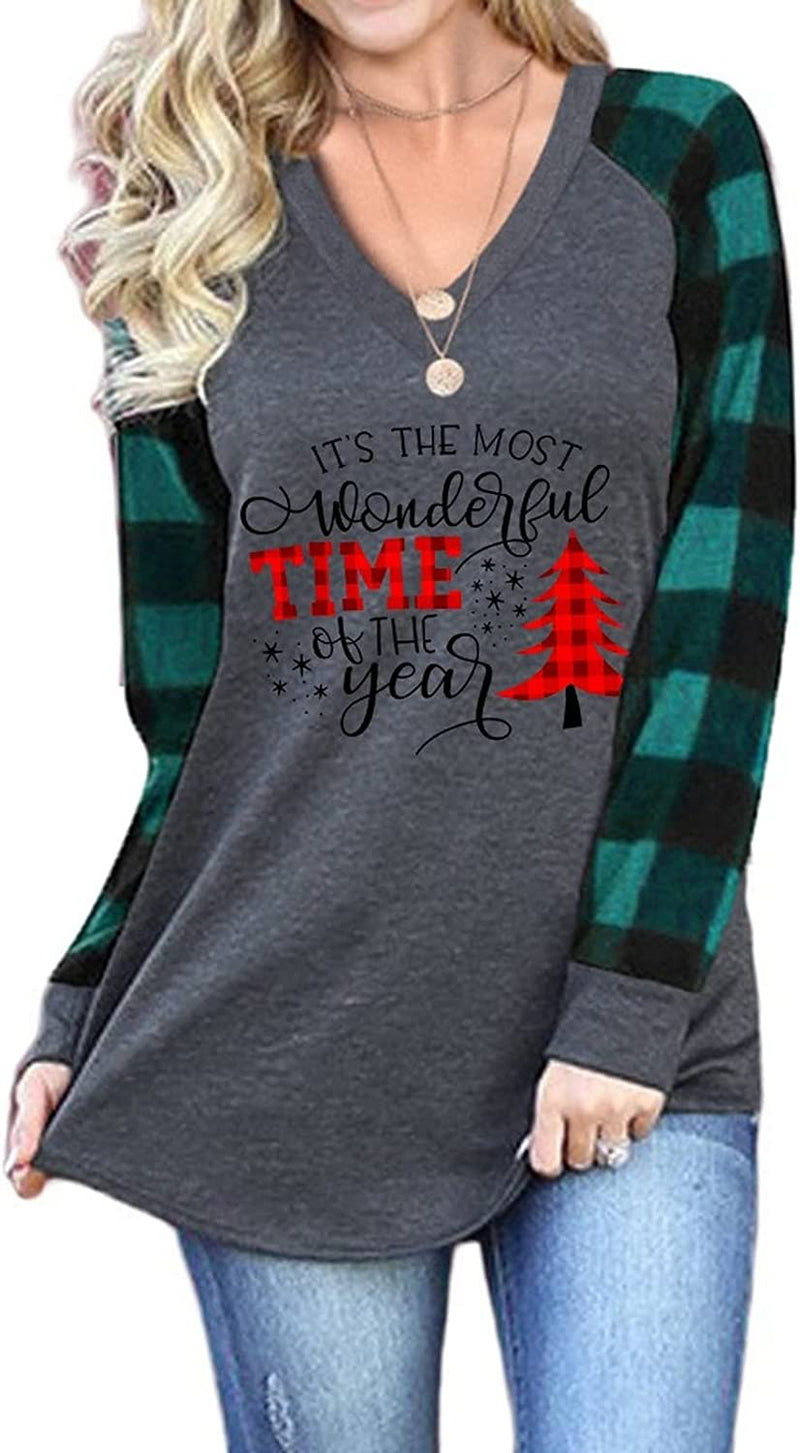 Women Christmas Print V-Neck Long Sleeved Shirt Christmas Blouse