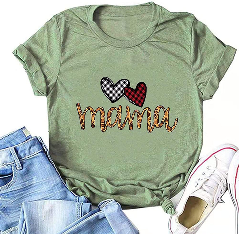 Women Buffalo Plaid Heart Leopard Mama T-Shirt