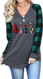 Christmas Tree Pattern Printed V-Neck Raglan Long Sleeve Shirt Women