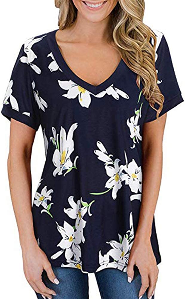 Fashion V Neck Floral T-Shirt Leopard Shirt Tunic Shirt for Women