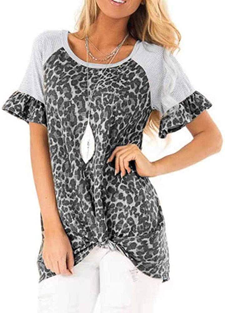 Women Raglan Short Sleeve Leopard Stitching Twist Knotted T-Shirt