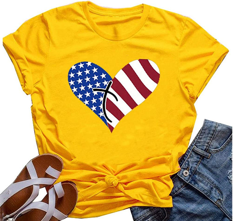 Women American Flag T-Shirt Heart Faith Shirt for Independence Day