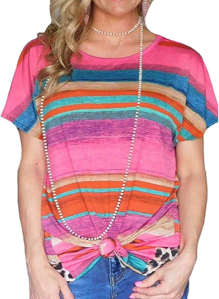 Women Fashion Striped T-Shirt Leopard Open Back T-Shirt