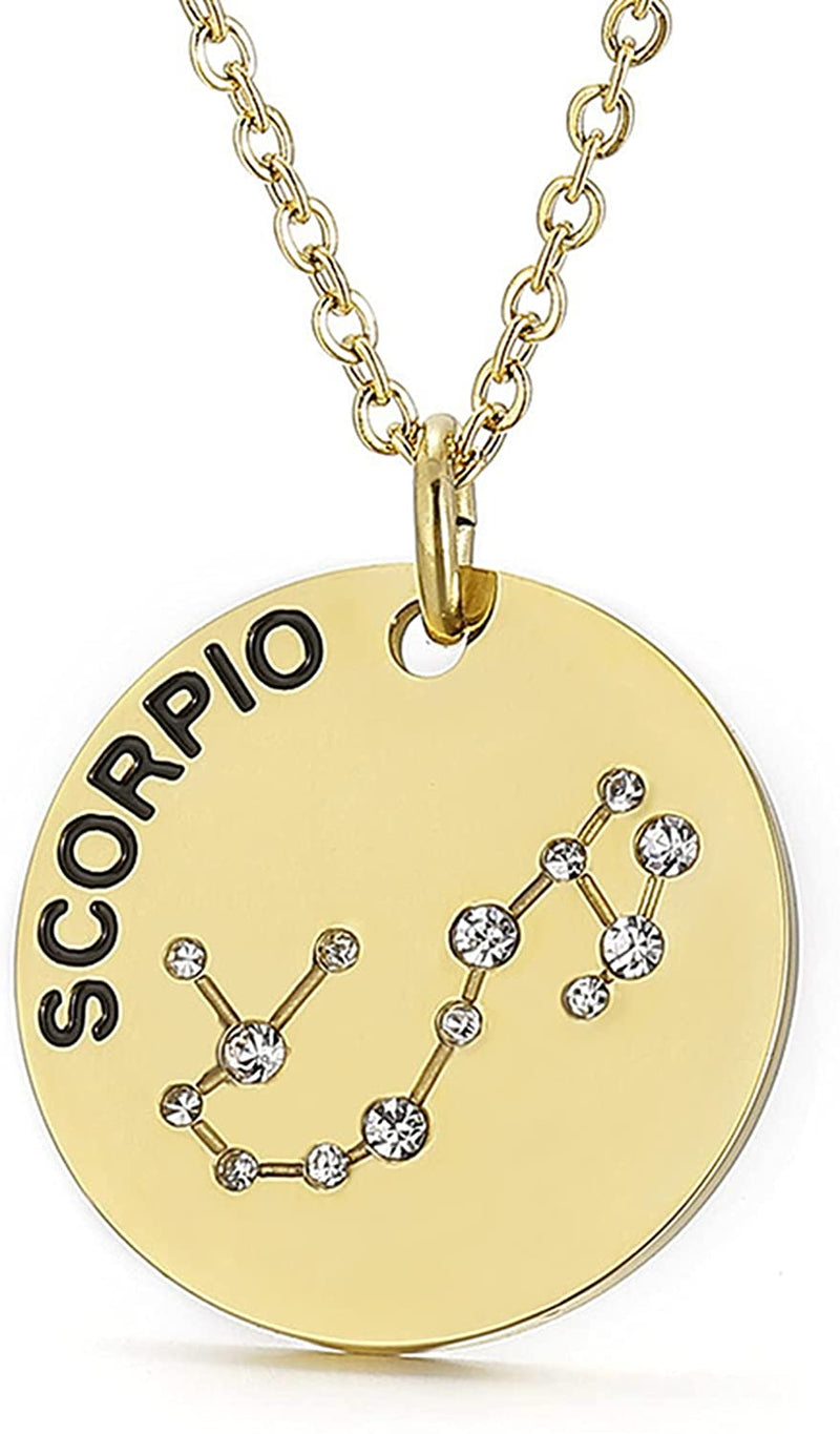 Gold Plated Constellation Pendant Necklace Horoscope Zodiac Sign Coin Charms with Adjustable