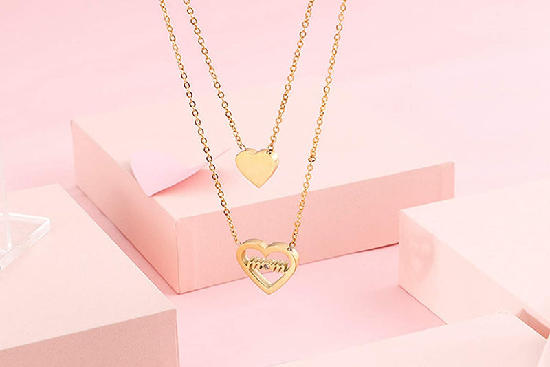 Love Heart Womens Necklace Stainless Steel Gold Plated Pendant Necklaces for Mom Inlay 5A Cubic Zirconia Personalized Moms Necklace with Kid’s Name