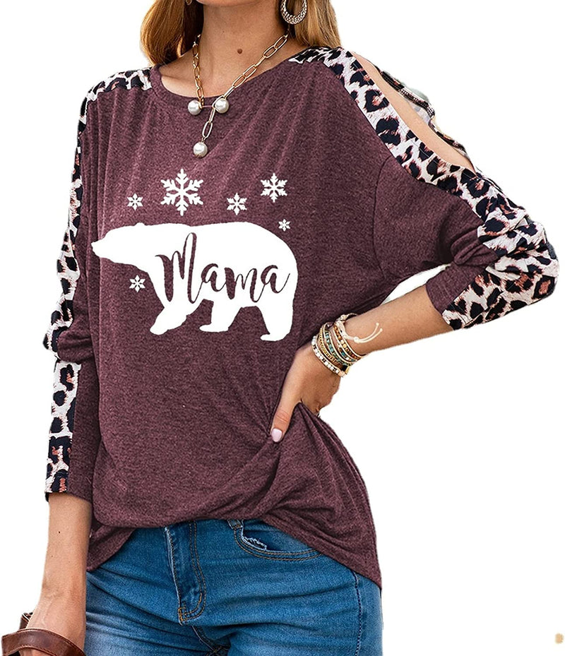 Women Mama Bear Fashion Shirt Leopard Print Long Sleeves Christmas Blouse