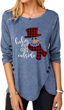 Women Christmas Snowman Printed Irregular Button Long Sleeve Round Neck Shirt