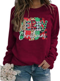 Women Long Sleeve Leopard & Buffalo Plaid Merry Christmas Sweater Christmas Shirt