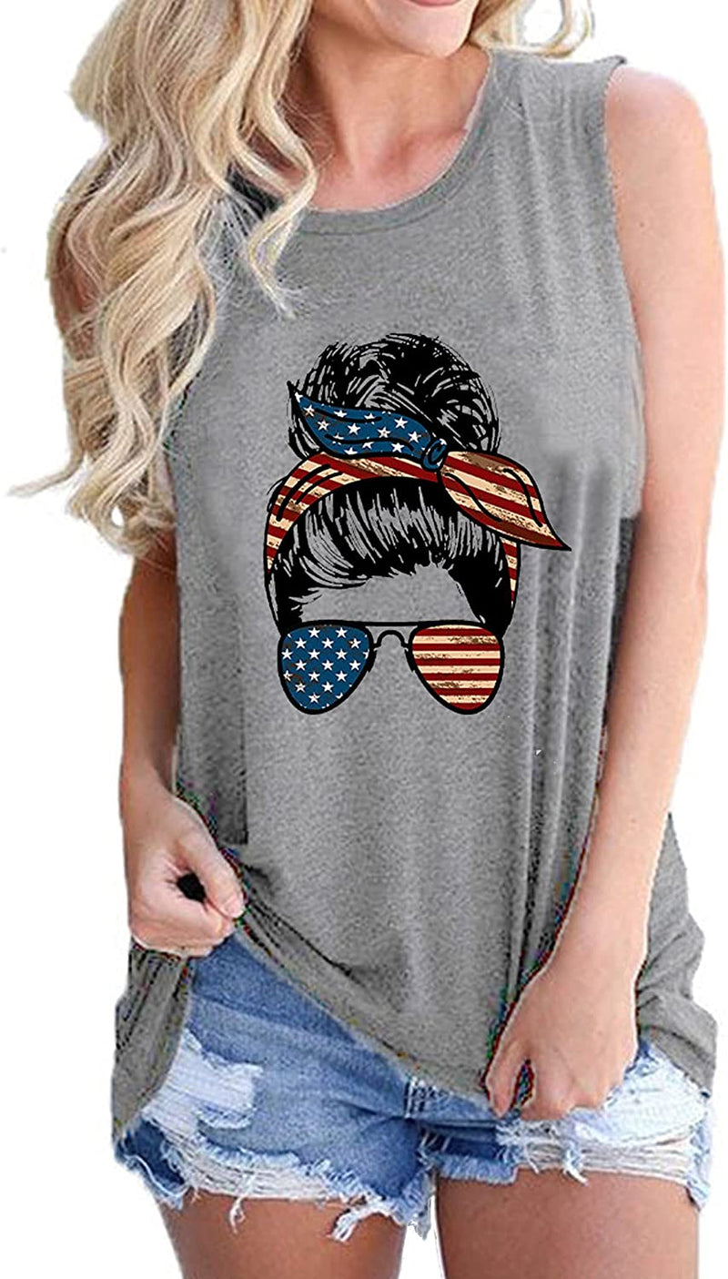 Messy Bun Femmes avec des Lunettes de Soleil Américaines Chemise Femme Mignonne Messy Bun Lunettes Débardeurs