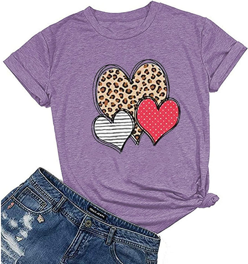 Women Leopard Stripe & Polka Dot Heart T-Shirt
