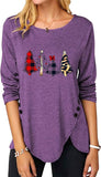 Women Christmas Tree Top Irregular Button Long Sleeve Round Neck Shirt