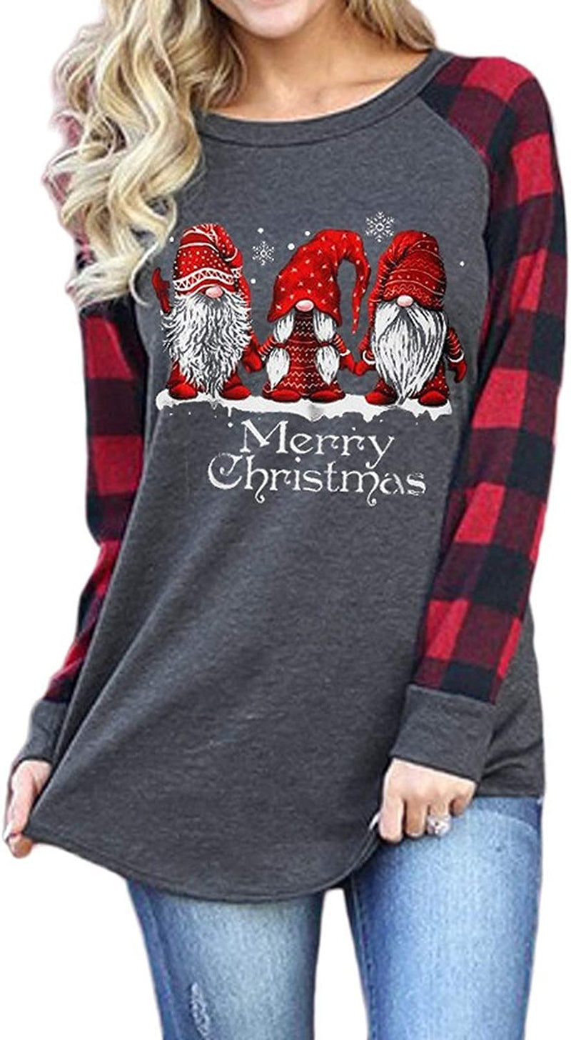 Women Long Sleeve Plaid Sleeve Santa Blouse Merry Christmas Shirt