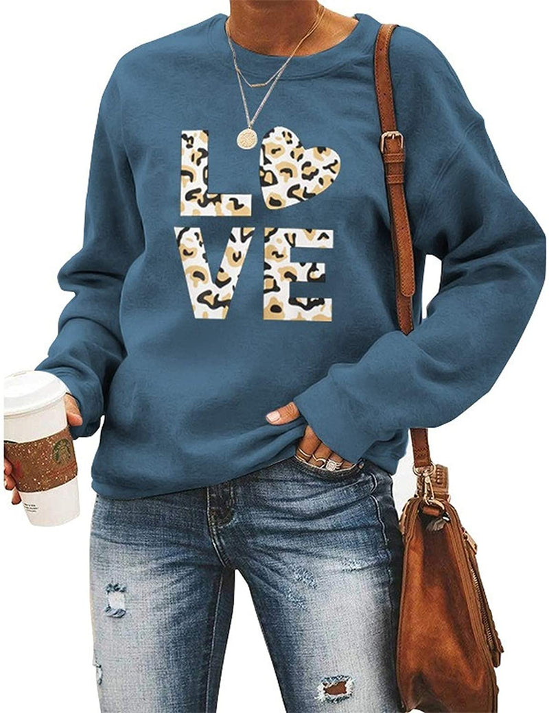 Women Long Sleeve Leopard Love Sweatshirt Love Sweater Pullover