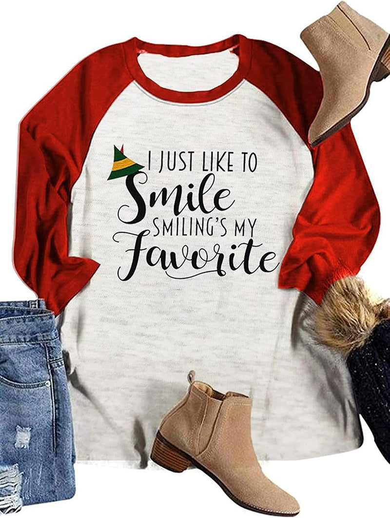 Women I Just Like to Smile Smiling's My Favorite X-Mas Blouse 3/4 Sleeve Christmas Shirt
