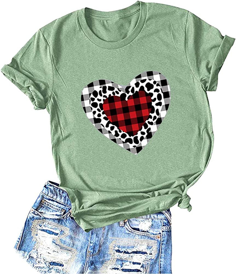 Women Buffalo Plaid & Leopard Heart T-Shirt