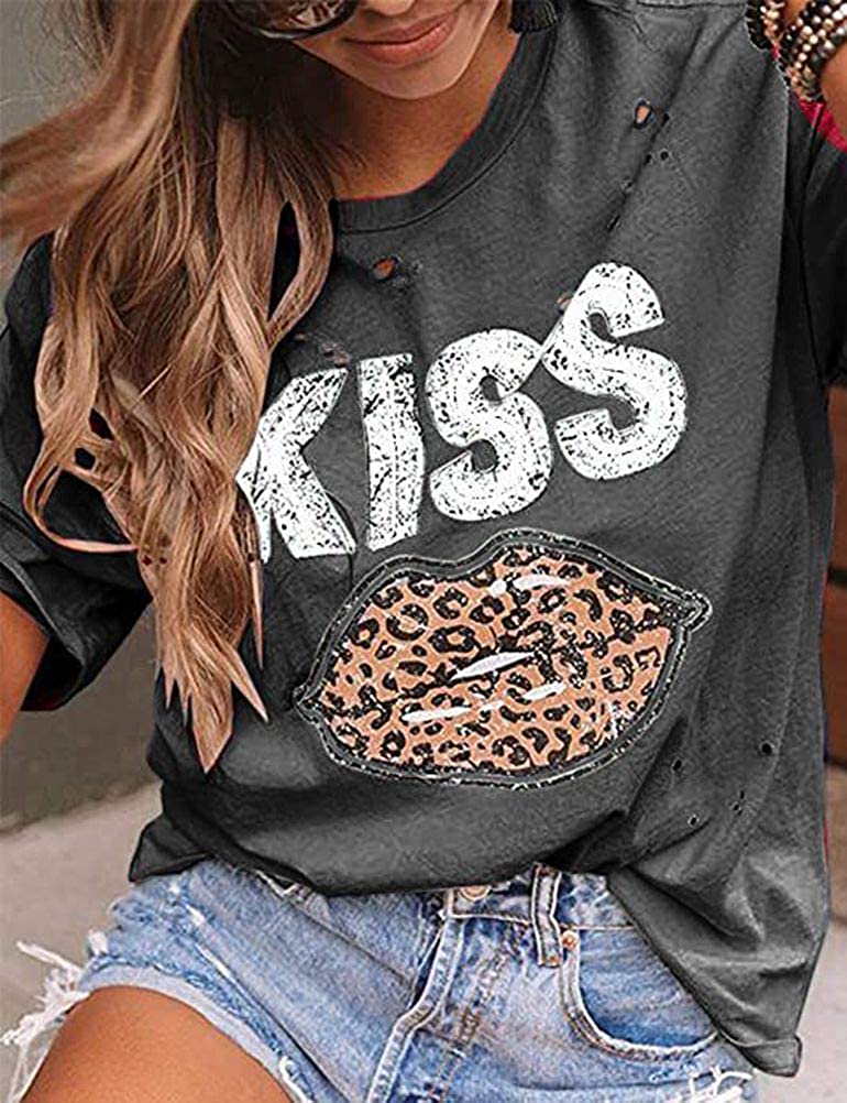 Women Kiss Leopard Lips T-Shirt Lipstick Hollow Out Shirt