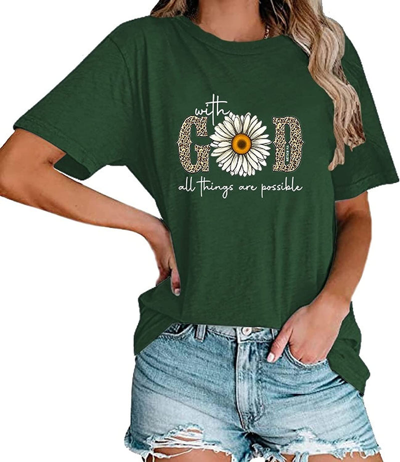 with God All Things are Possible T-Shirt Faith Jesus Graphic Shirt for Women
