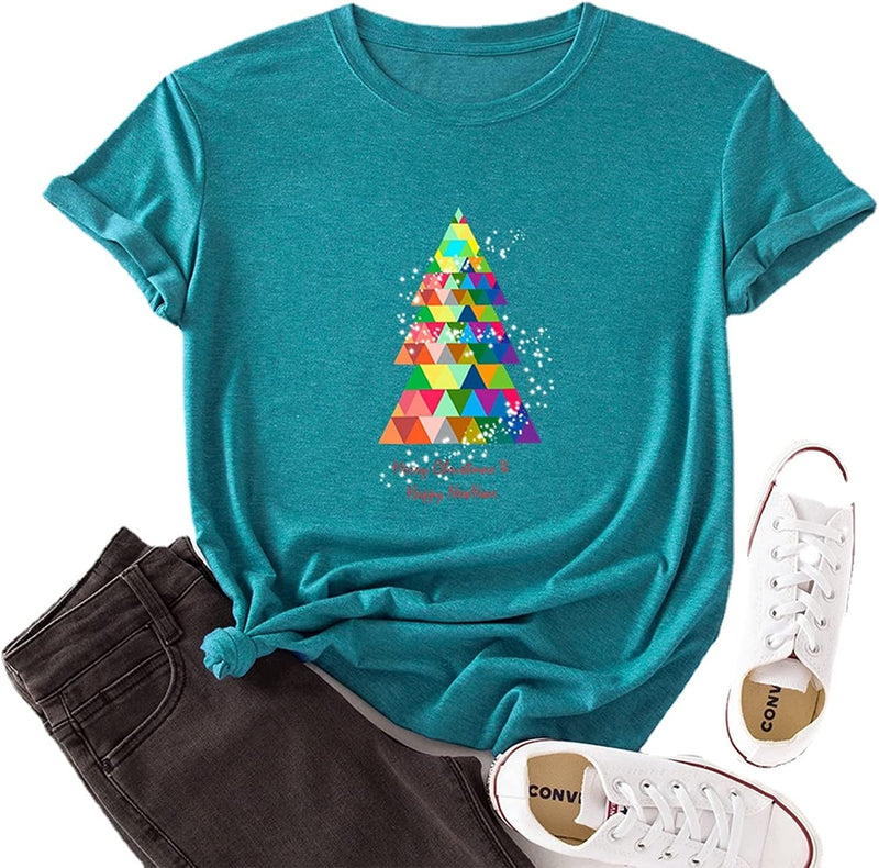 Women Merry Christmas Happy New Year T-Shirt Christmas Tree Graphic Shirt