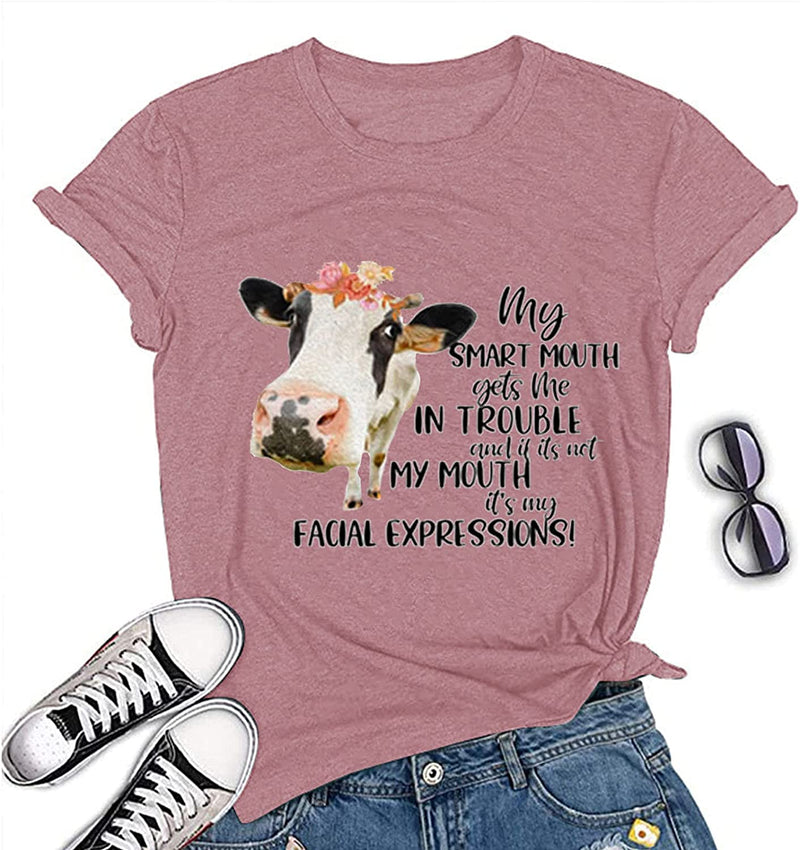 Women My Smart Mouth Gets me in Trouble Funny Heifer T-Shirt Cow Graphic Shirt
